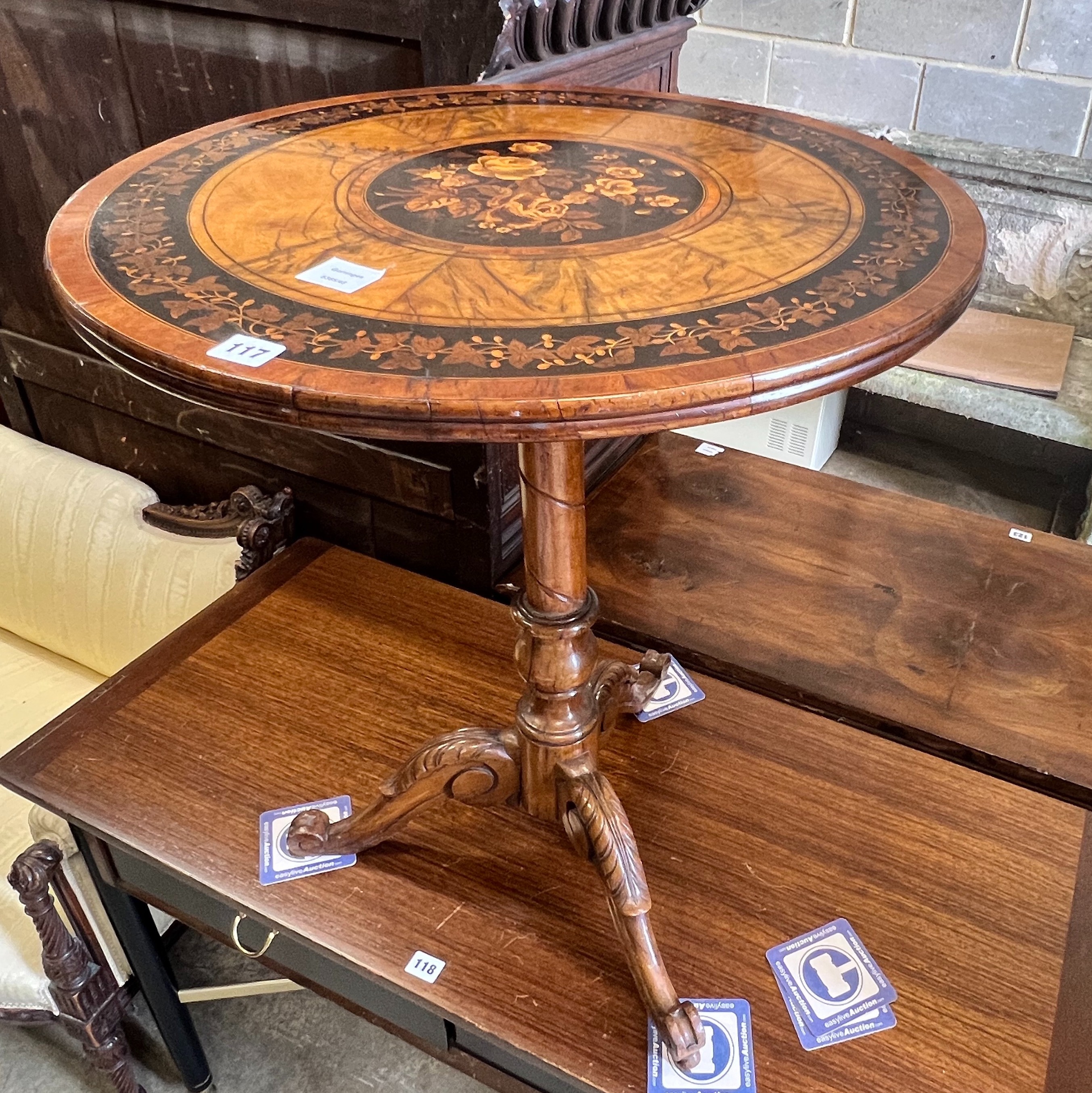 A Victorian floral marquetry inlaid circular walnut tripod table, diameter 62cm height 69cm